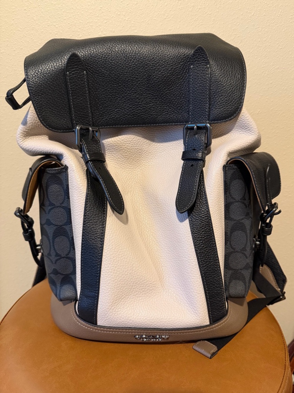 Coach Two-Tone Black and Cream Signature-Trim Backpack